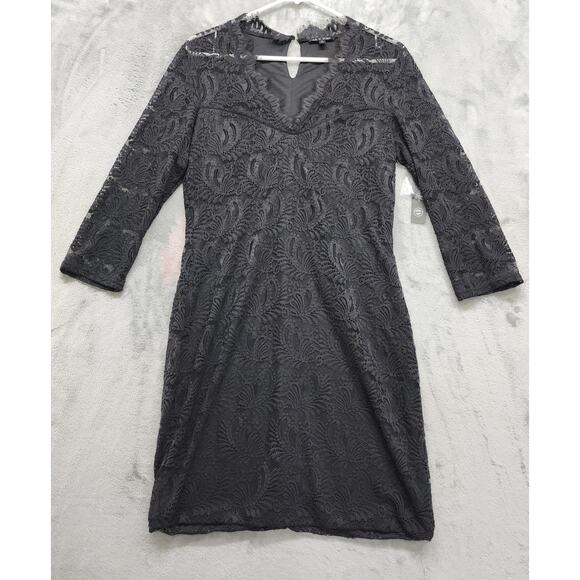 NEW As U Wish AUW Dress Womens L Black Lace V-Neck 3-4 Sleeve Sheath Lined Party - Picture 1 of 11